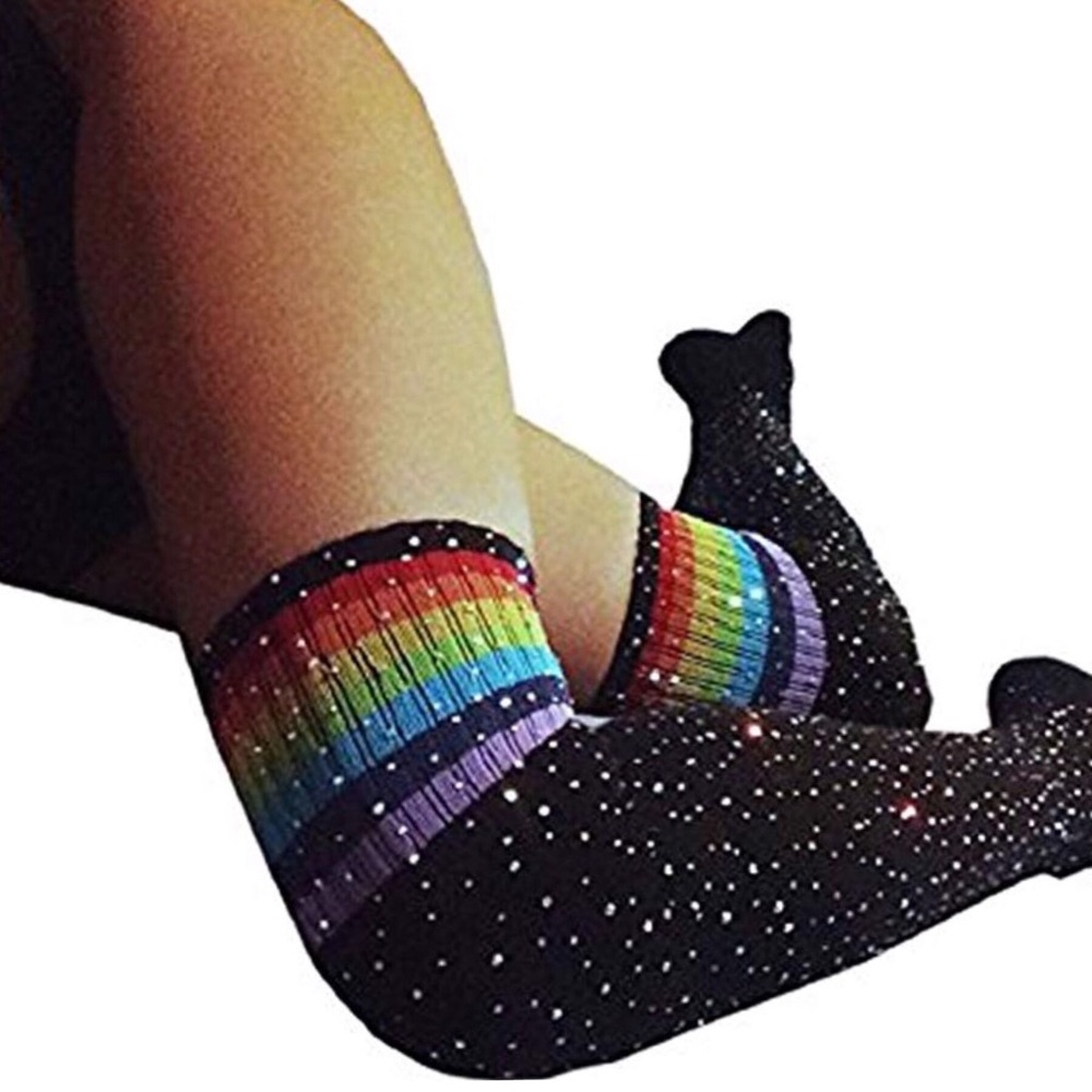 🌈 Sexy Bling Rhinestone Over The Knee Rainbow Socks - Picture 2 of 12